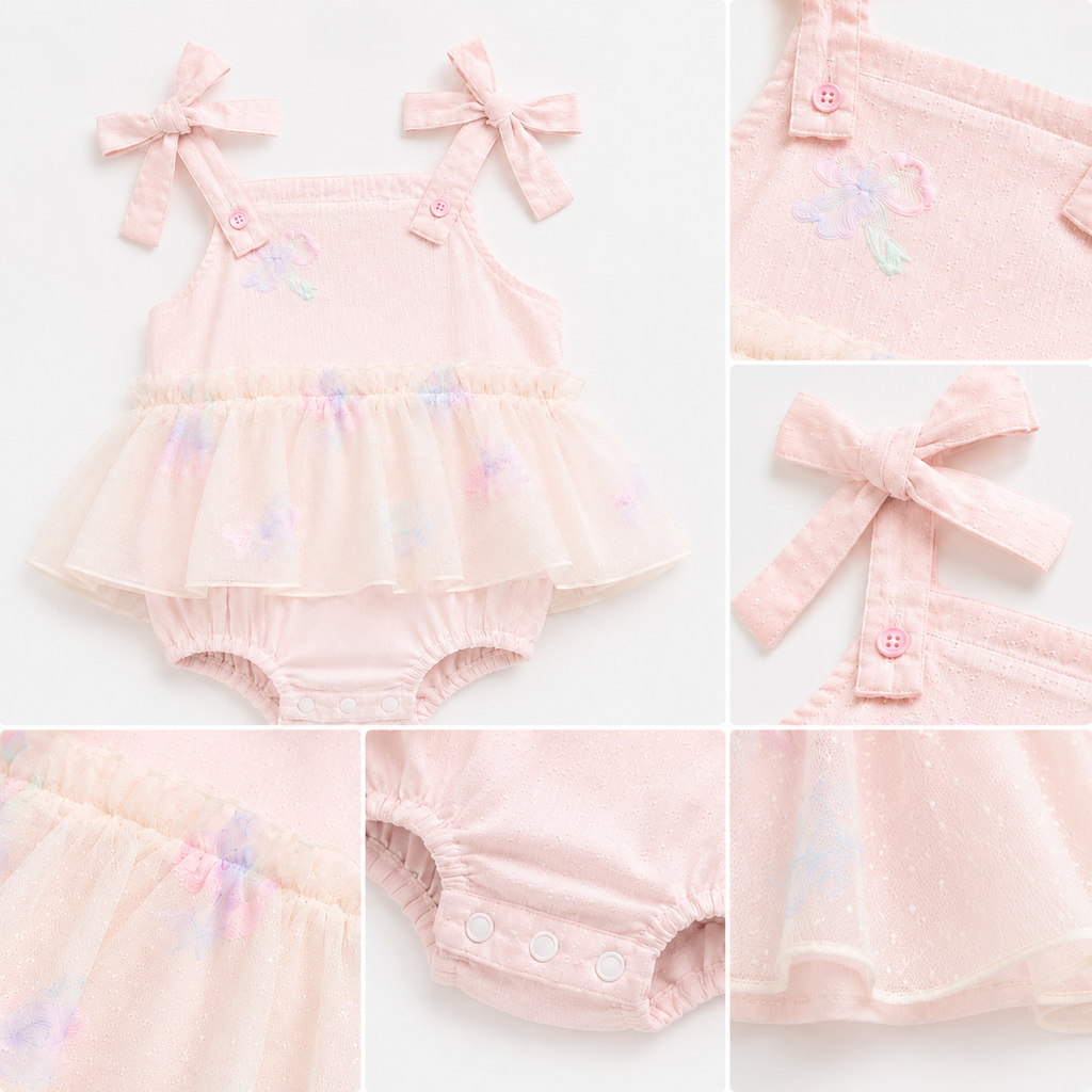 Bow Strap Lace Romper, Pink & Cream