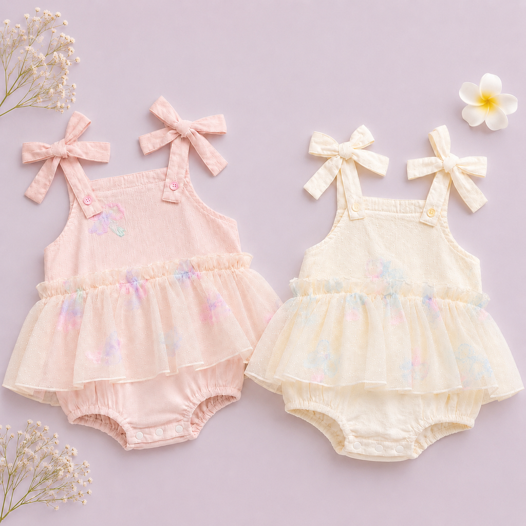 Bow Strap Lace Romper, Pink & Cream