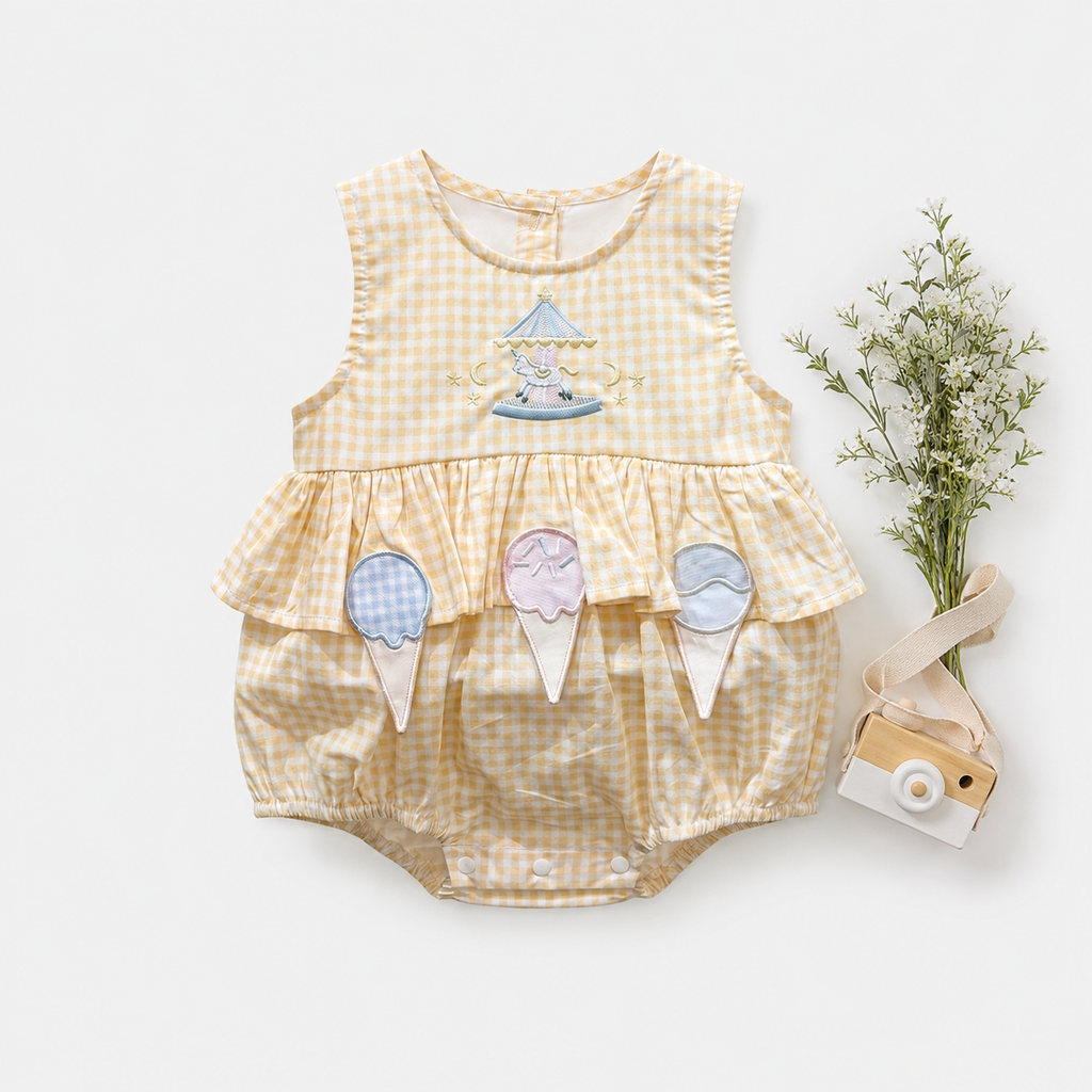 Yellow Gingham Bunting Print Romper with Scalloped Collar