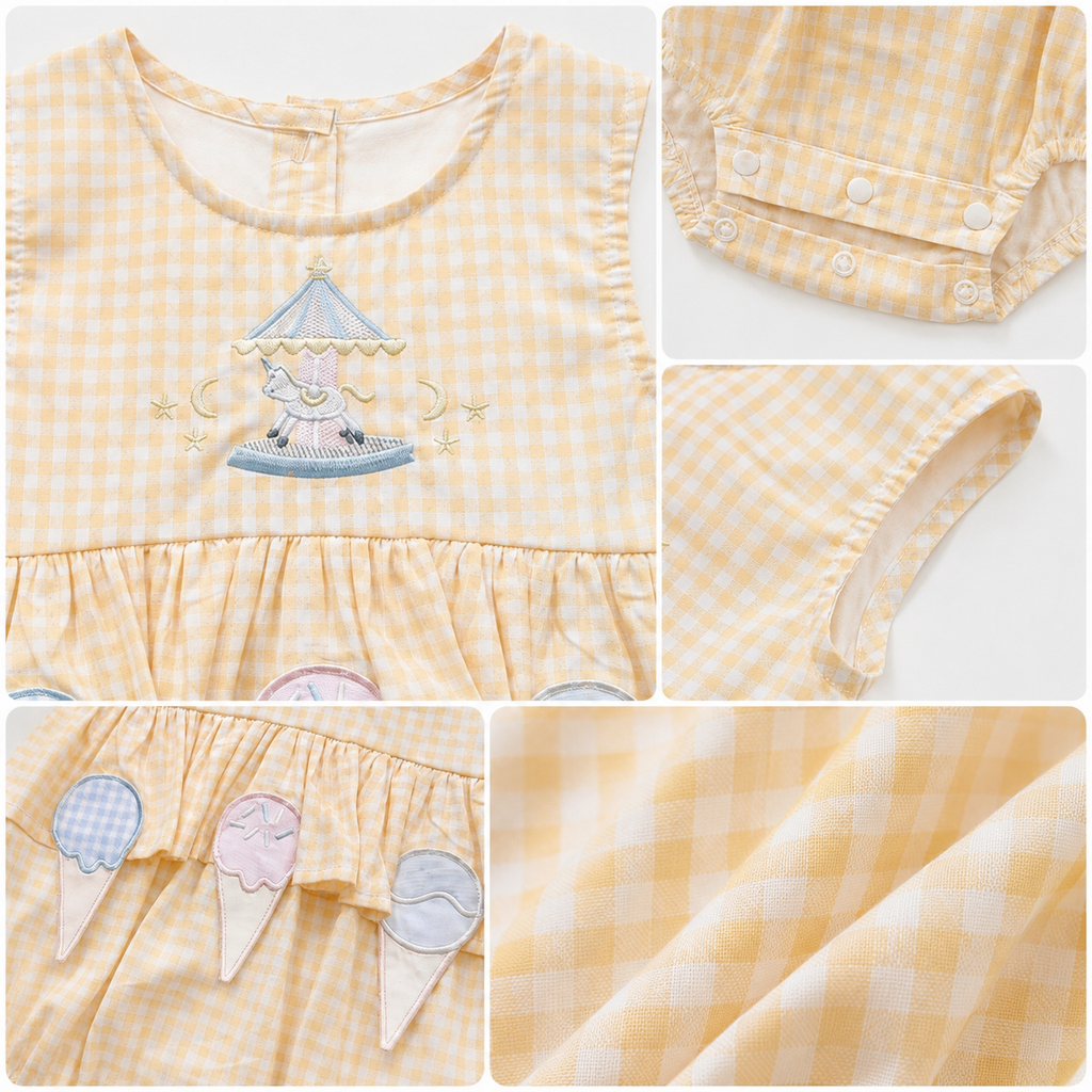 Yellow Gingham Bunting Print Romper with Scalloped Collar