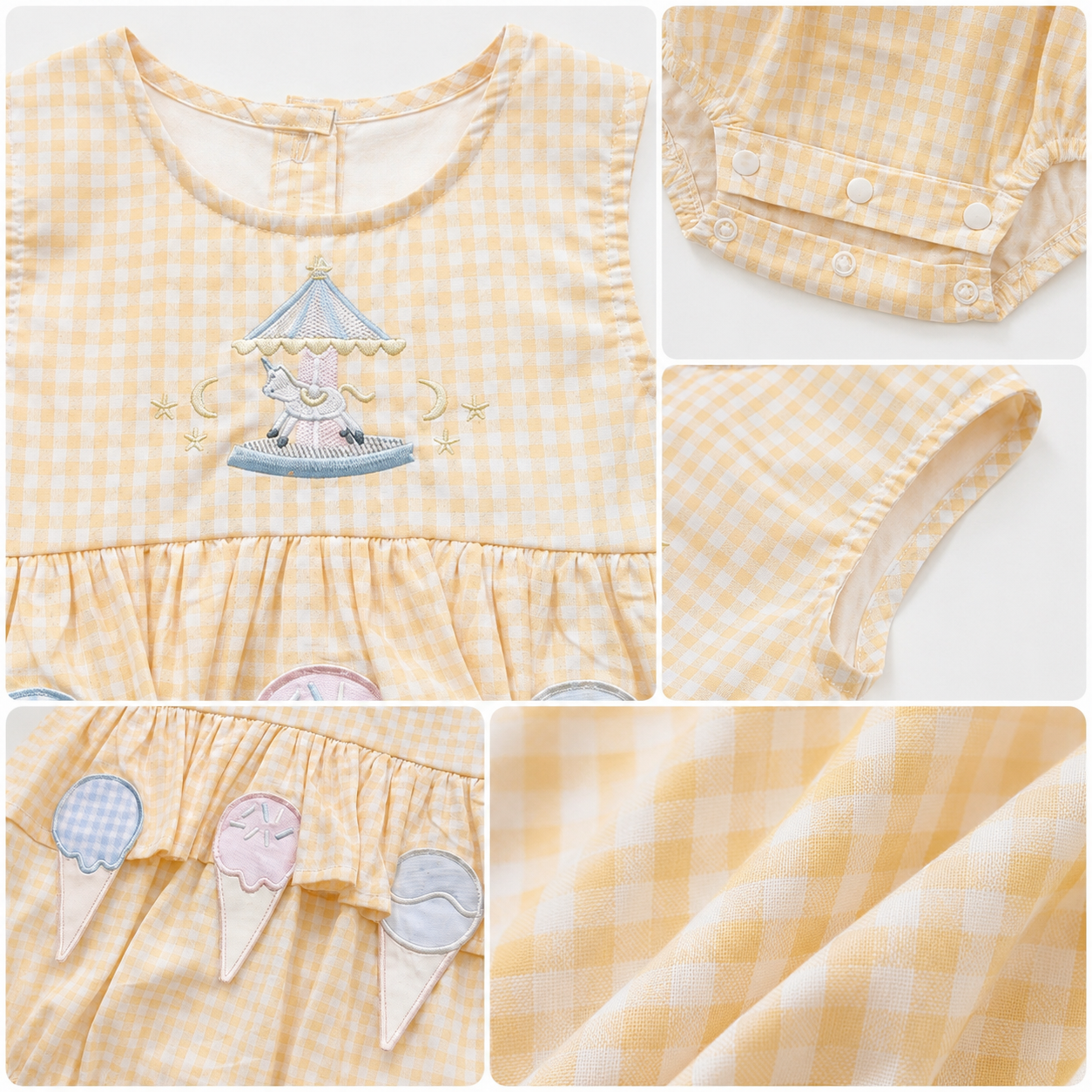 Yellow Gingham Bunting Print Romper with Scalloped Collar