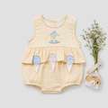 Yellow Gingham Bunting Print Romper with Scalloped Collar