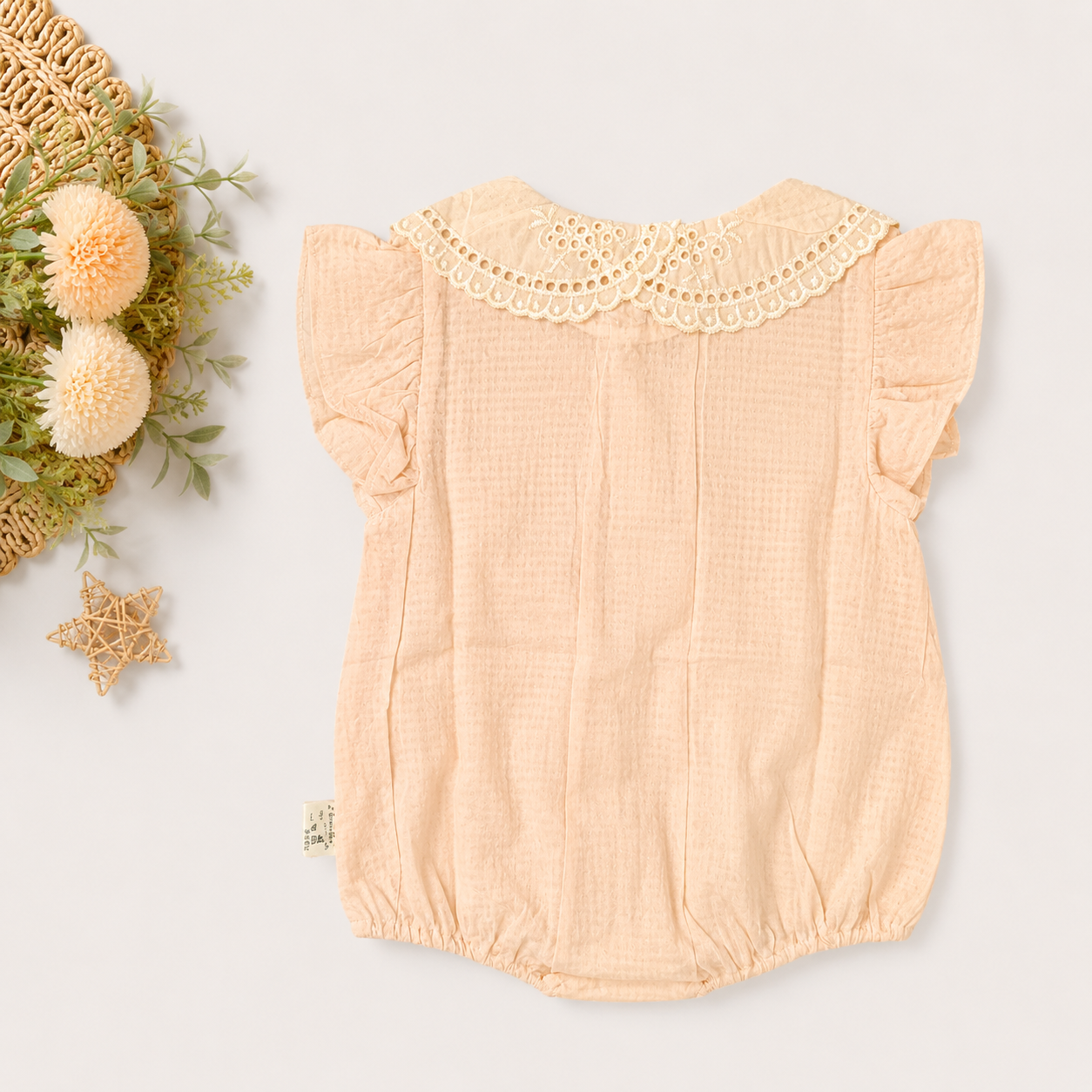 Eyelet Collar Pocket Romper, Cream & Dusty Pink