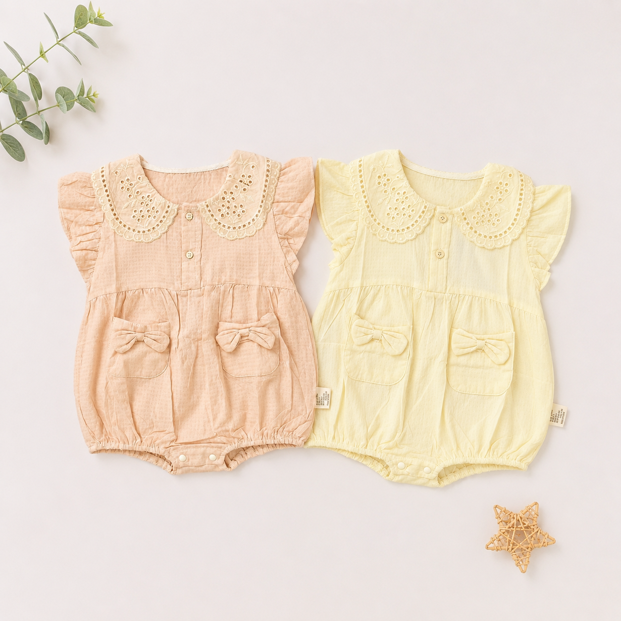 Eyelet Collar Pocket Romper, Cream & Dusty Pink