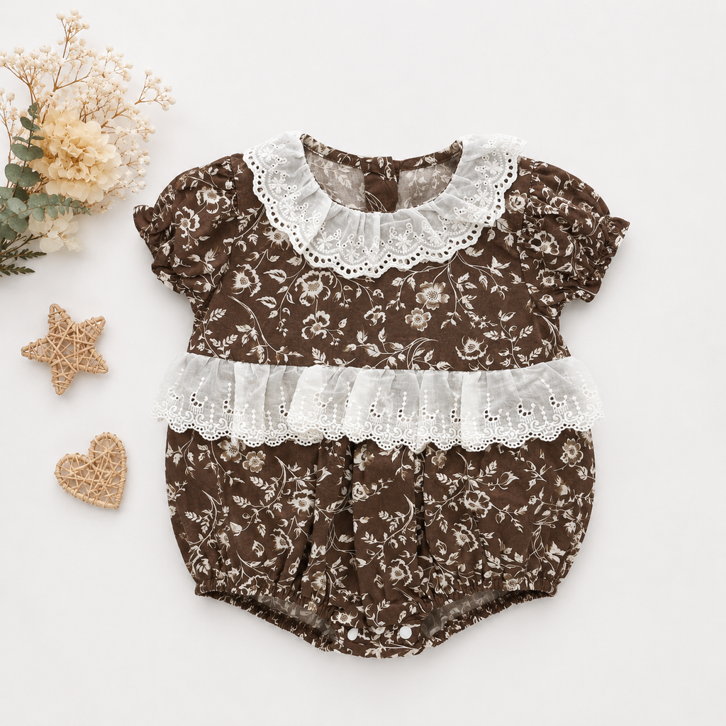 Brown Floral Print Romper with Eyelet Lace Collar