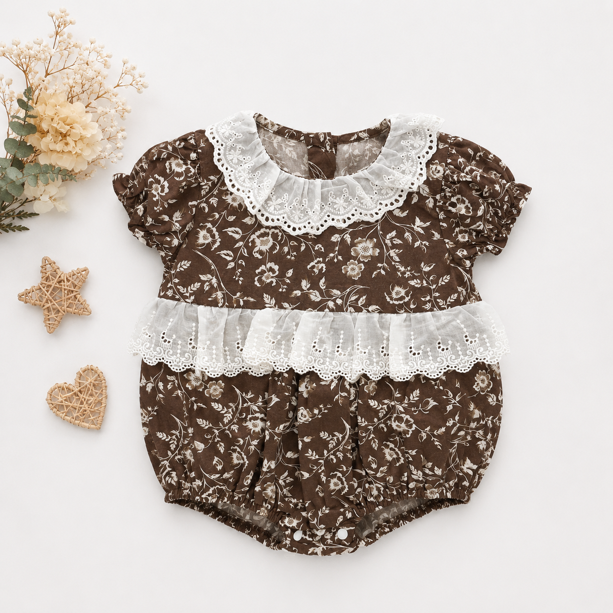 Brown Floral Print Romper with Eyelet Lace Collar