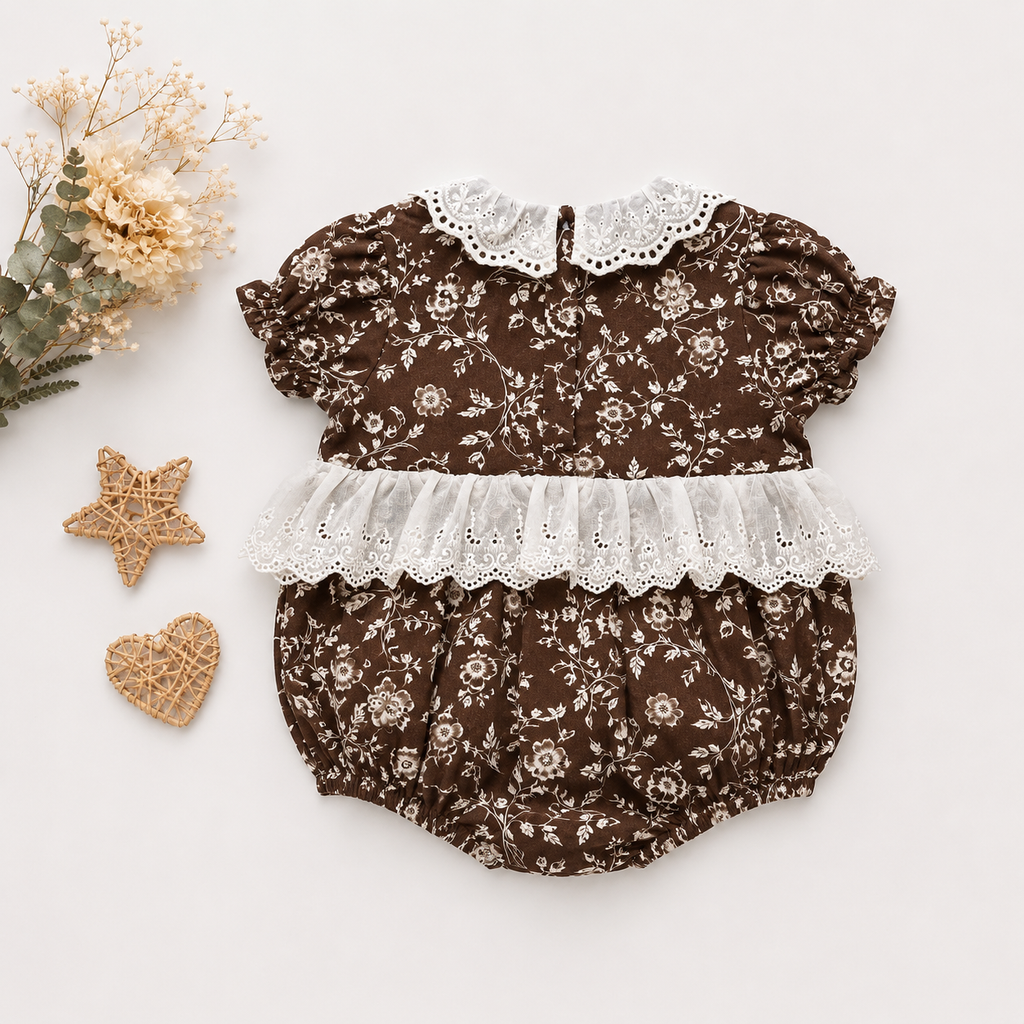 Brown Floral Print Romper with Eyelet Lace Collar