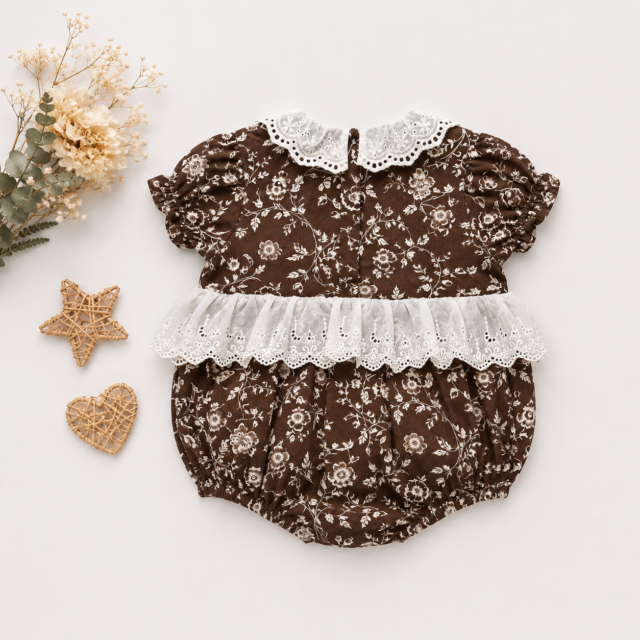 Brown Floral Print Romper with Eyelet Lace Collar