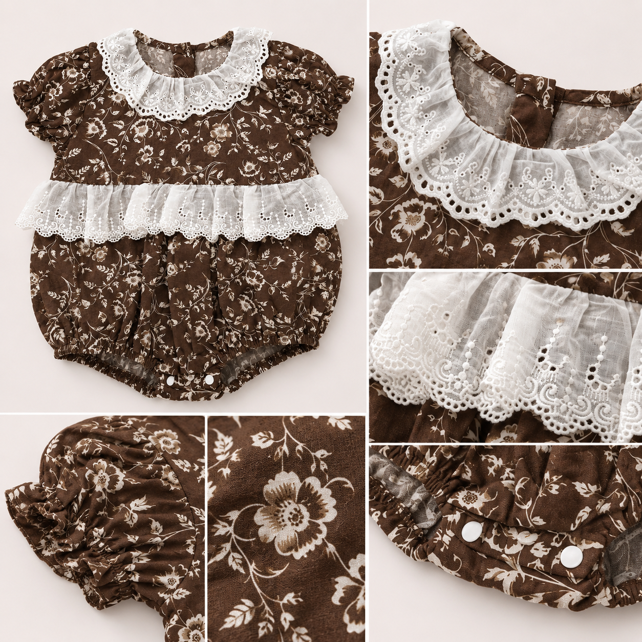 Brown Floral Print Romper with Eyelet Lace Collar