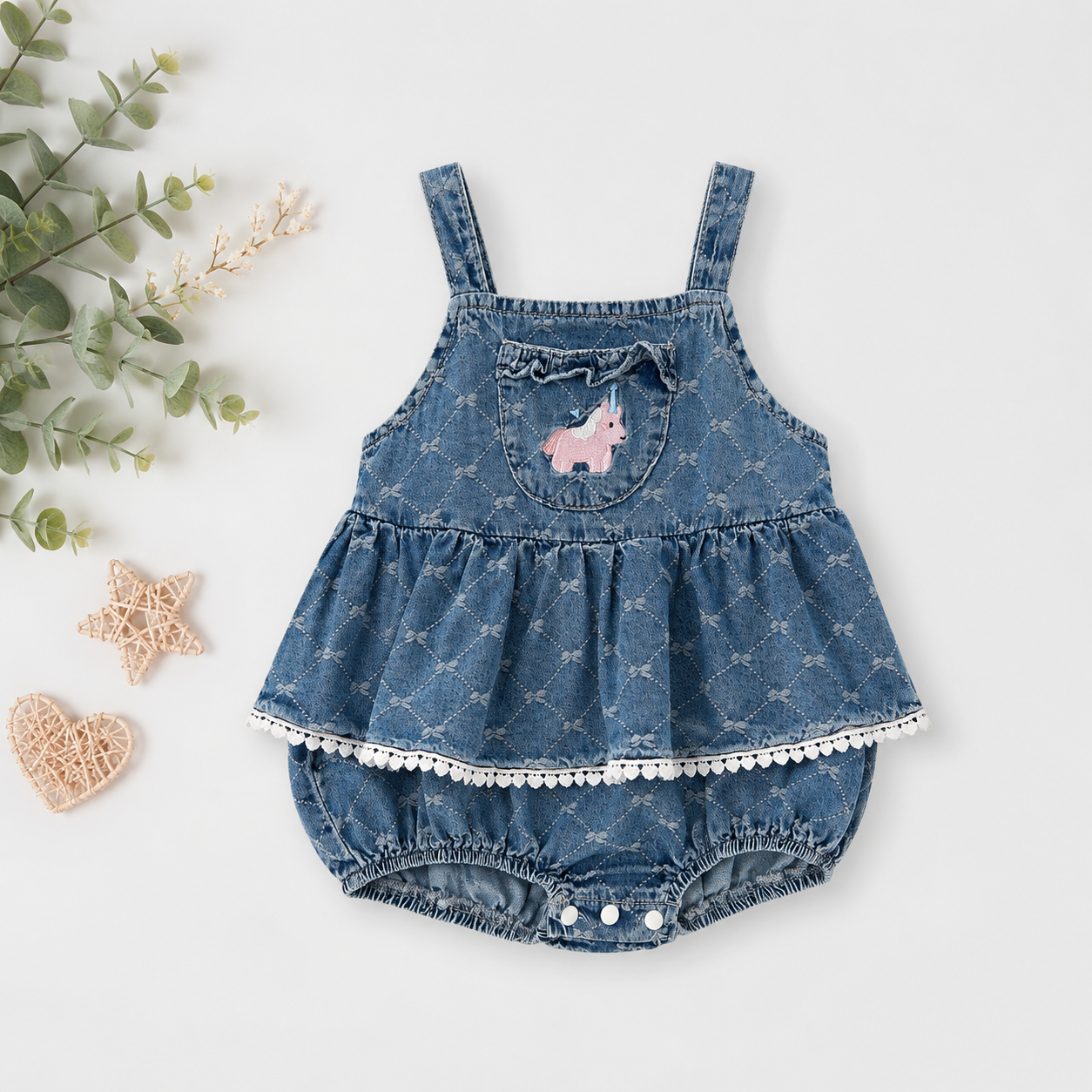 Denim Dungaree Romper with Unicorn Applique