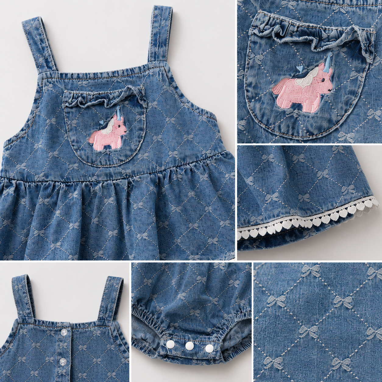Denim Dungaree Romper with Unicorn Applique