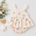Cream Cupcake Print Romper with Scalloped Lace Trim