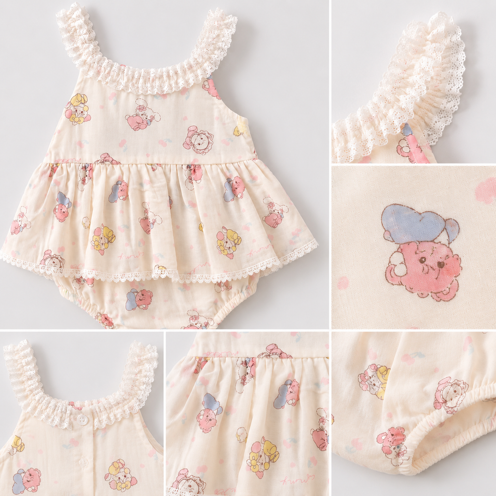 Cream Cupcake Print Romper with Scalloped Lace Trim