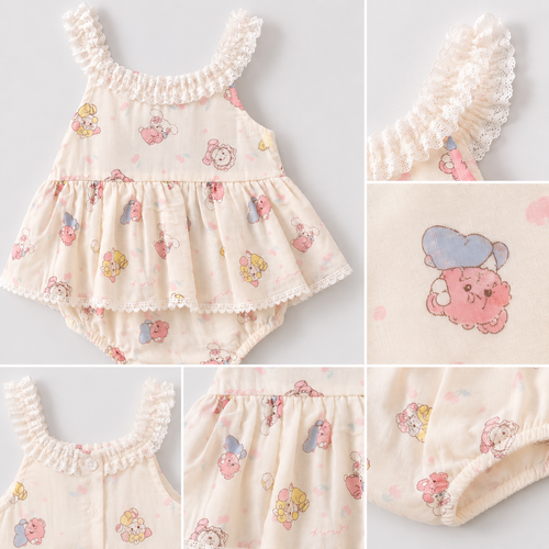 Cream Cupcake Print Romper with Scalloped Lace Trim