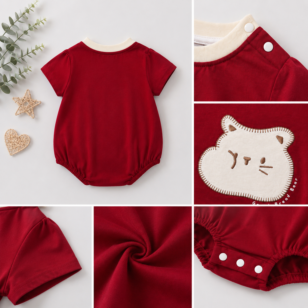 Maroon Cat Print Romper for Baby Girls