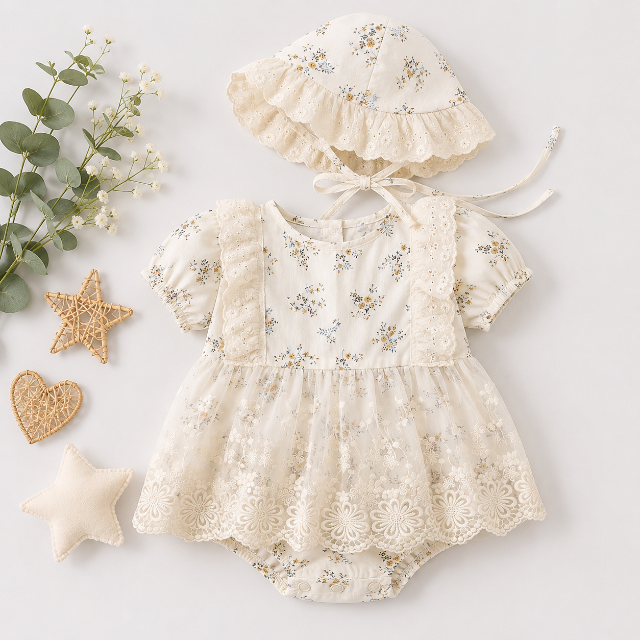White Eyelet Lace Romper with Puff Sleeves