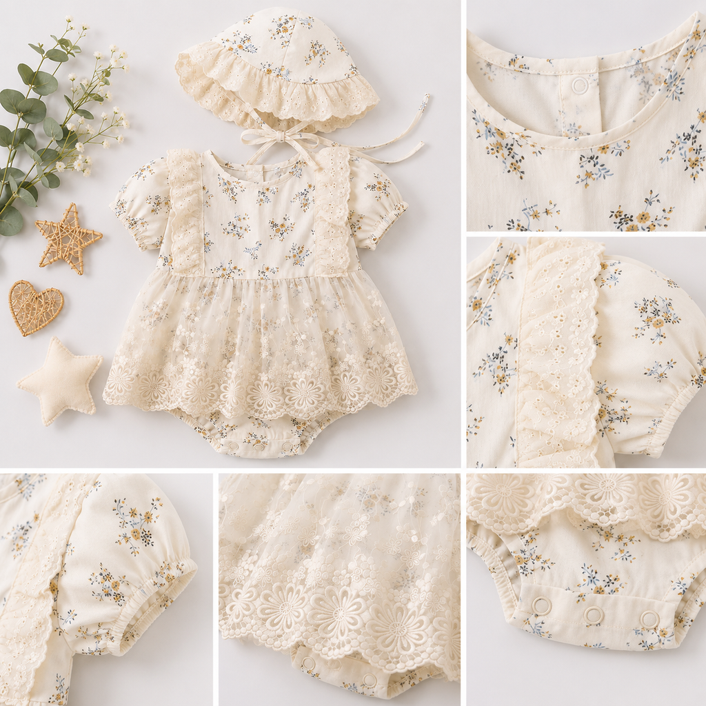White Eyelet Lace Romper with Puff Sleeves