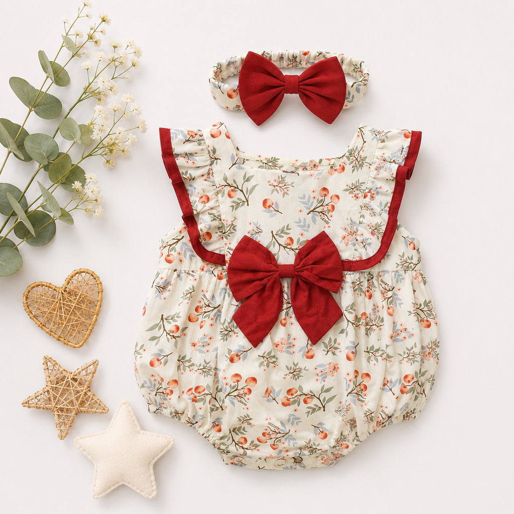 Floral Halter Romper with Red Bow Straps