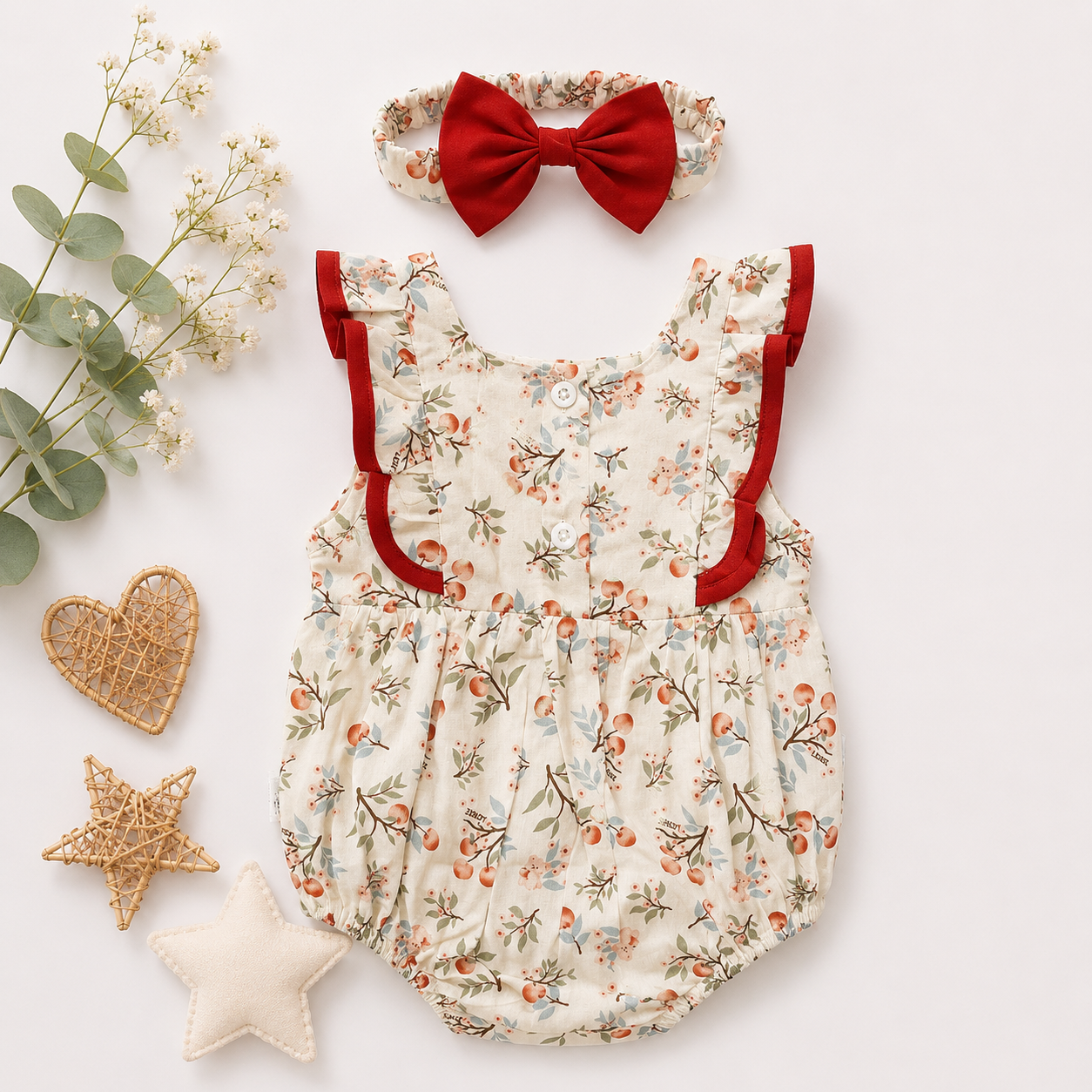 Floral Halter Romper with Red Bow Straps