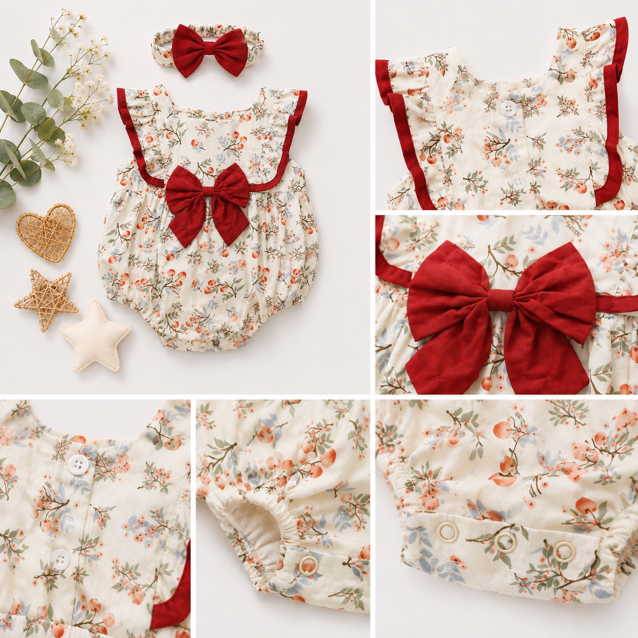 Floral Halter Romper with Red Bow Straps