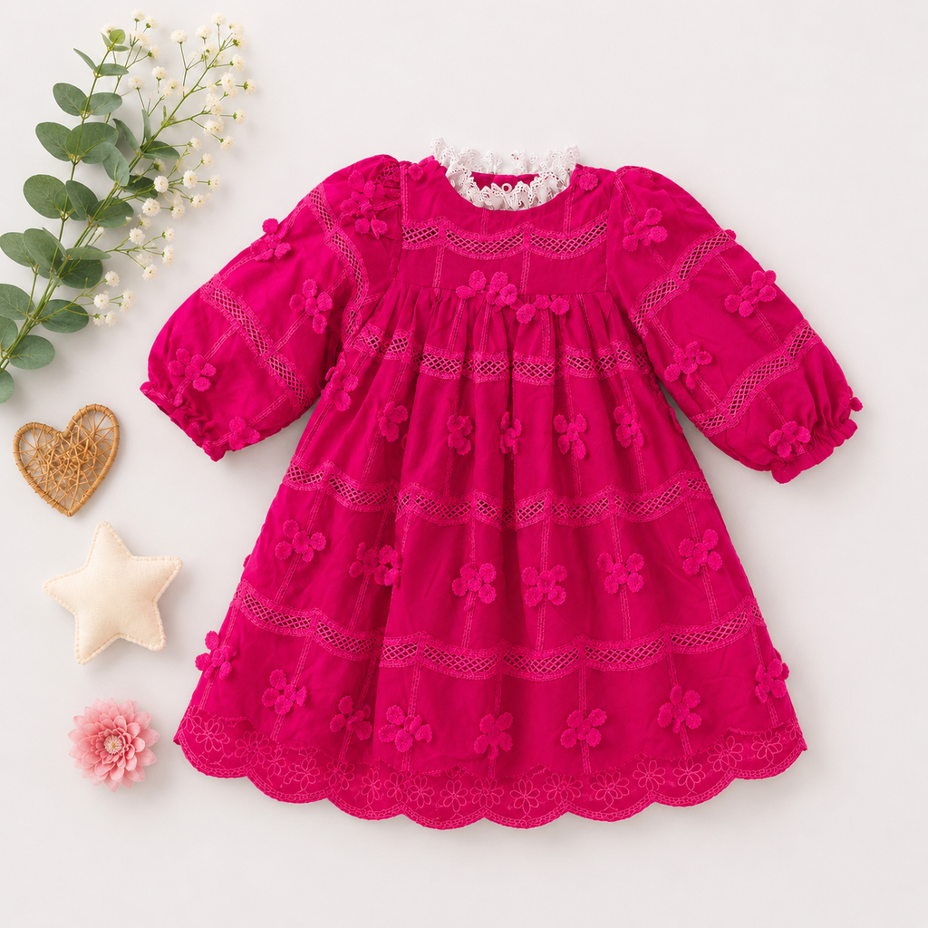 Vintage Lace-Trimmed Smocked Dress with 3D Floral Bow Appliqués (Fuchsia)