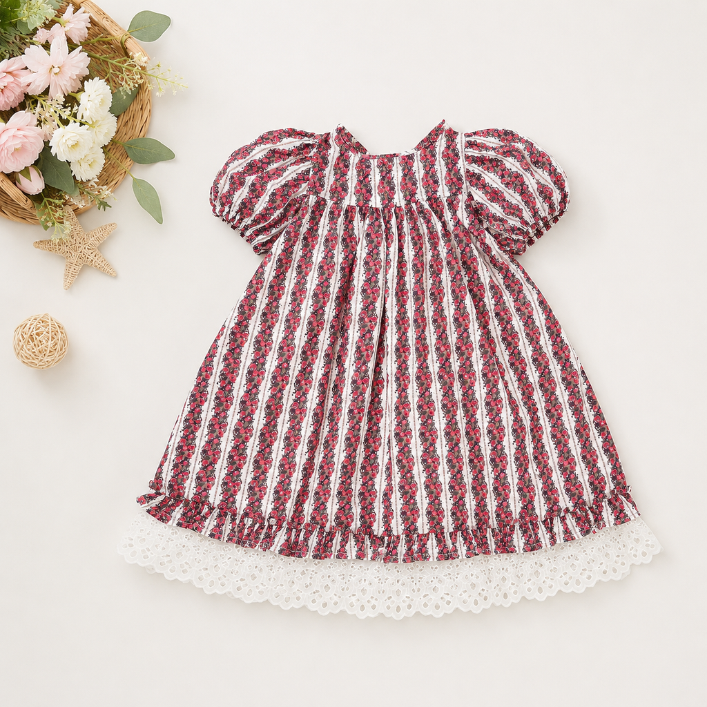 Vintage Floral Striped Puff-Sleeve Dress with Eyelet Lace Trim
