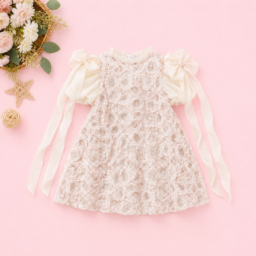 Elegant 3D Rose Rosette Dress with Bow Shoulder Streamers