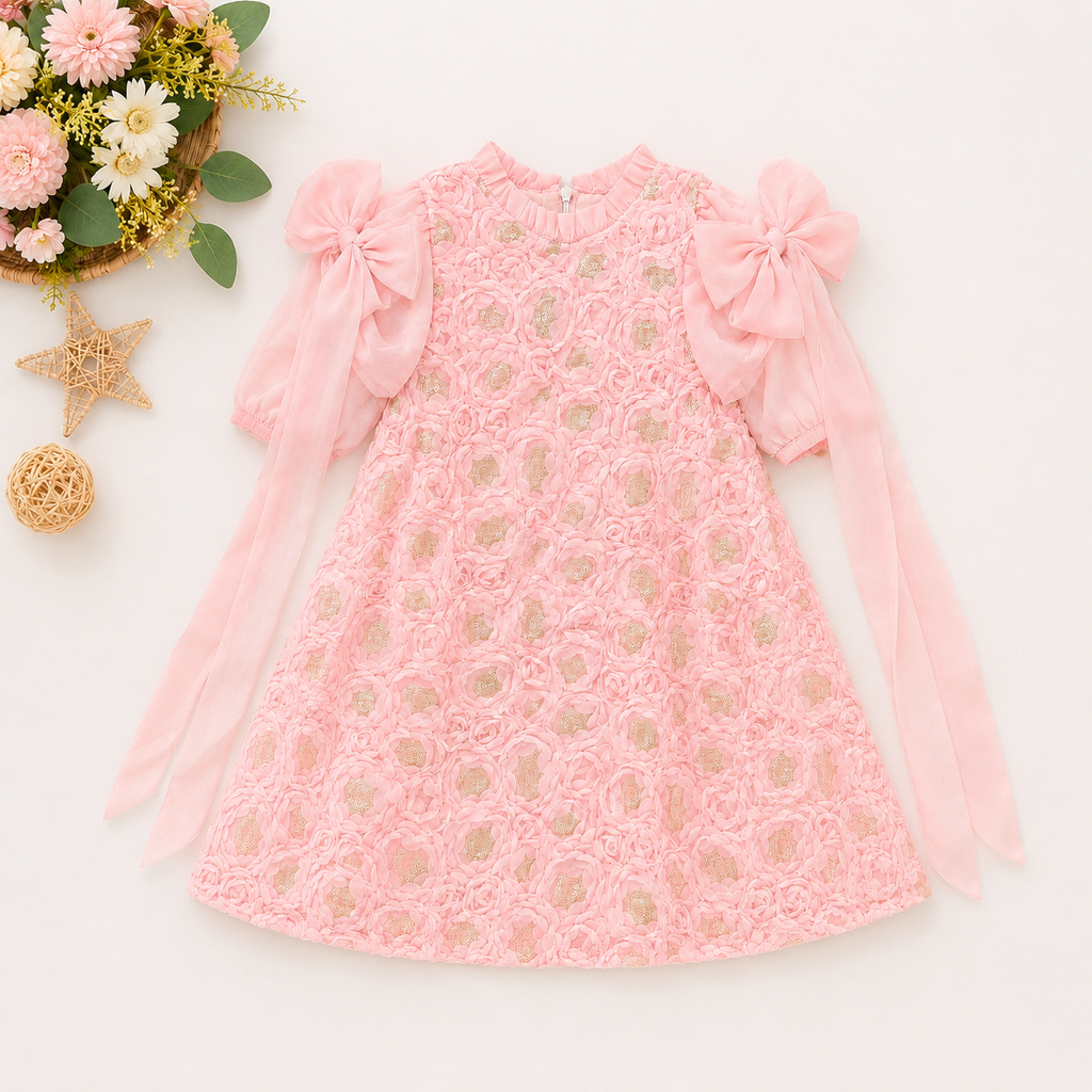 Elegant 3D Rose Rosette Dress with Bow Shoulder Streamers