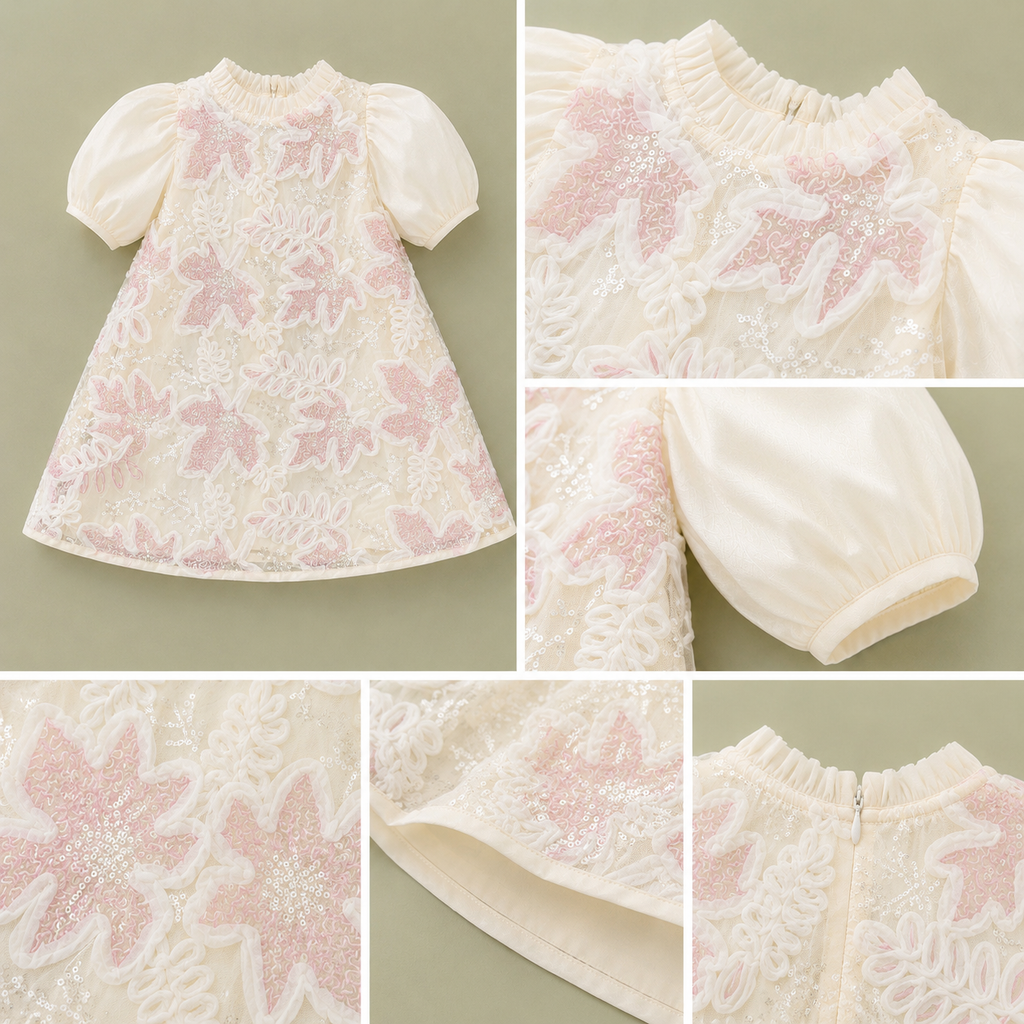 Baby Girl 3D Floral Sequin Overlay Dress with Chiffon Puff Sleeves