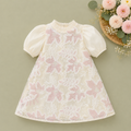 Baby Girl 3D Floral Sequin Overlay Dress with Chiffon Puff Sleeves