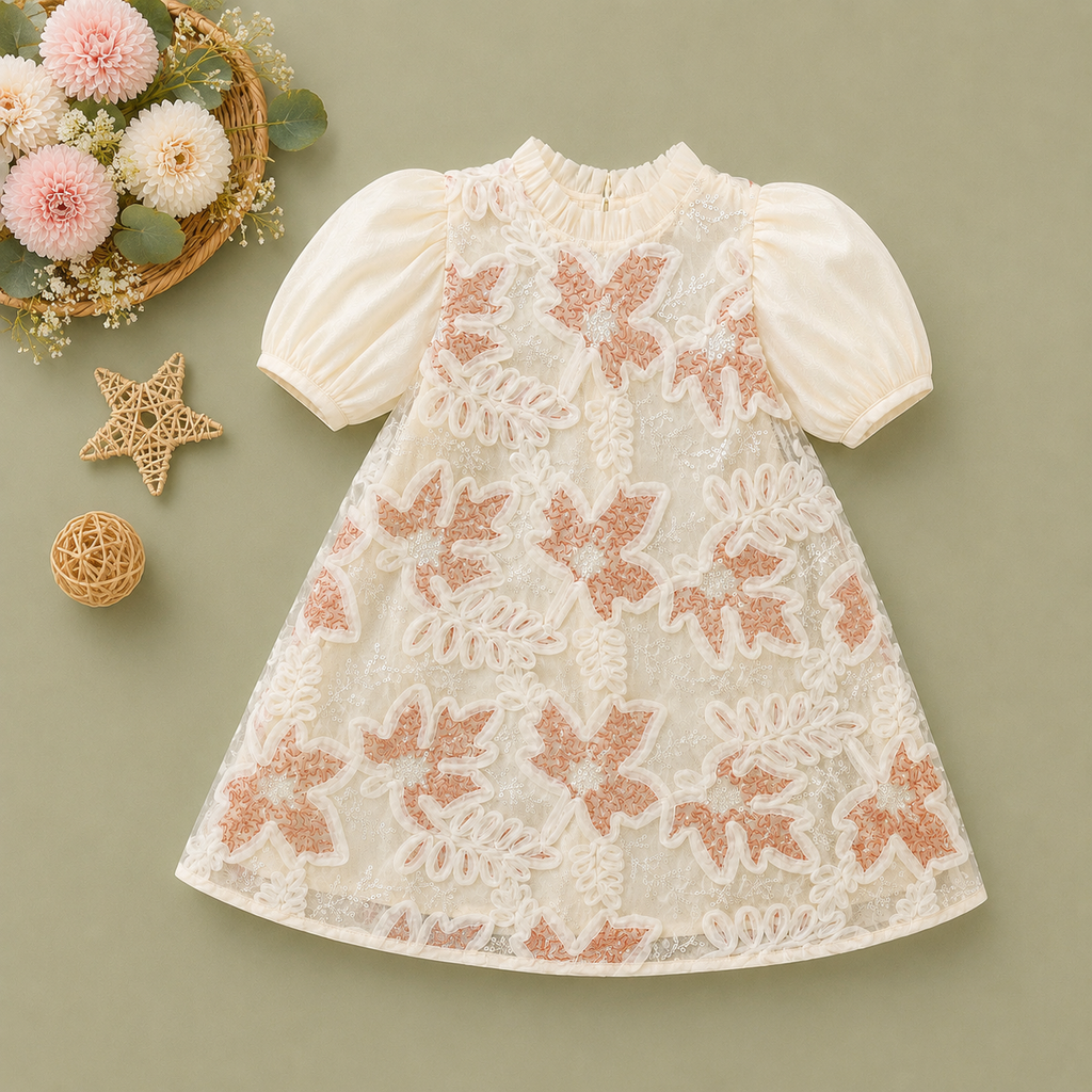 Baby Girl 3D Floral Sequin Overlay Dress with Chiffon Puff Sleeves