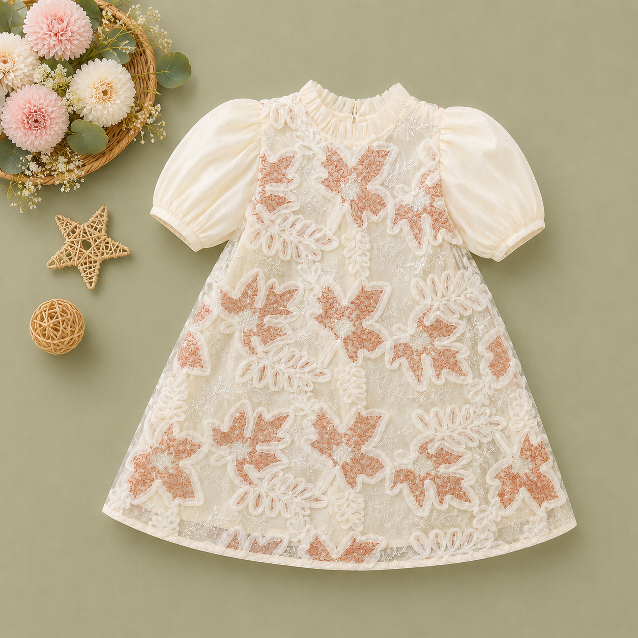 Baby Girl 3D Floral Sequin Overlay Dress with Chiffon Puff Sleeves