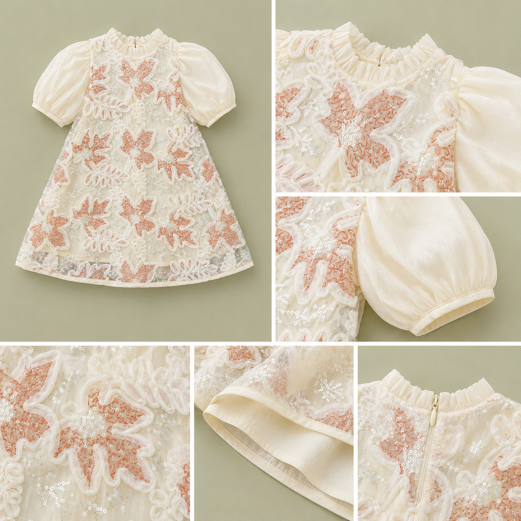 Baby Girl 3D Floral Sequin Overlay Dress with Chiffon Puff Sleeves