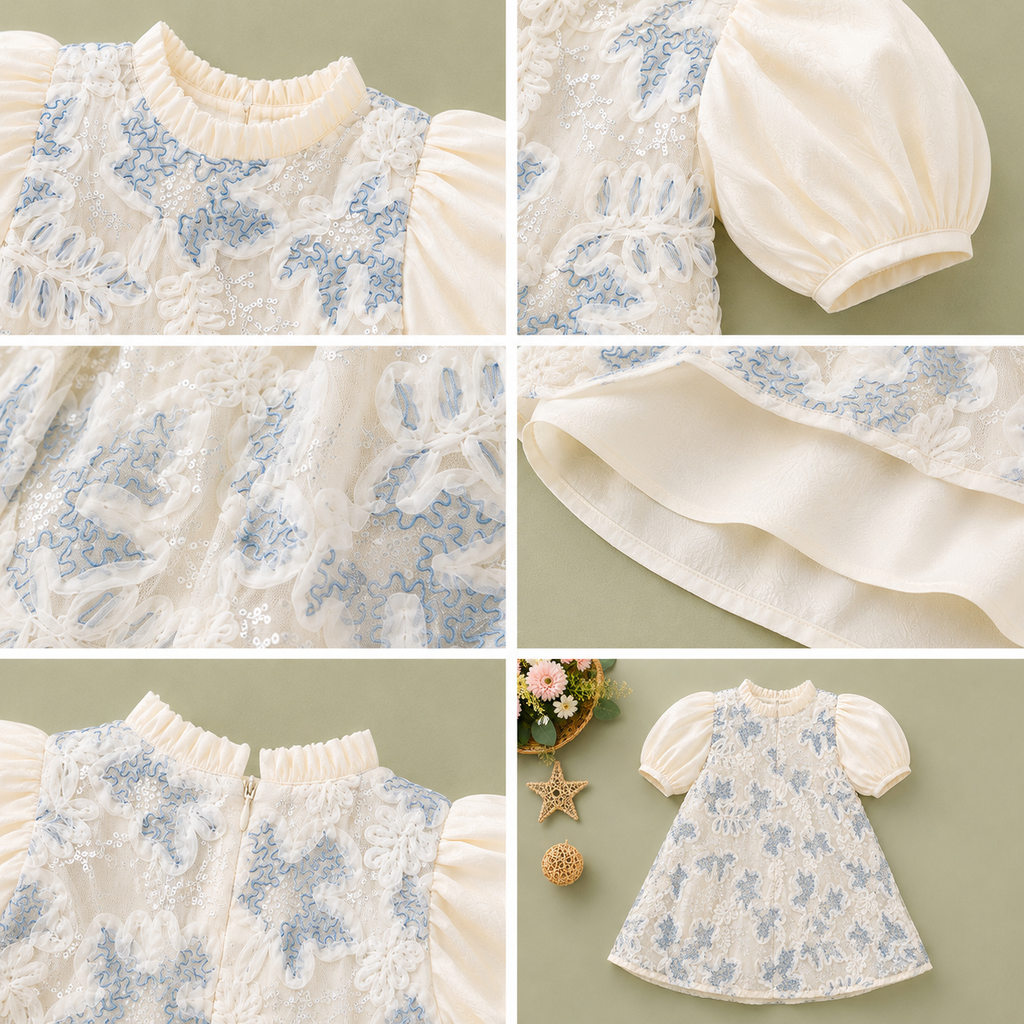 Baby Girl 3D Floral Sequin Overlay Dress with Chiffon Puff Sleeves