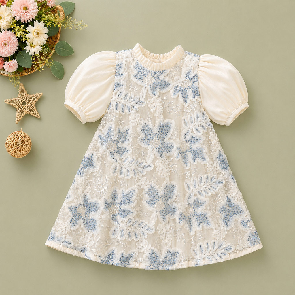 Baby Girl 3D Floral Sequin Overlay Dress with Chiffon Puff Sleeves