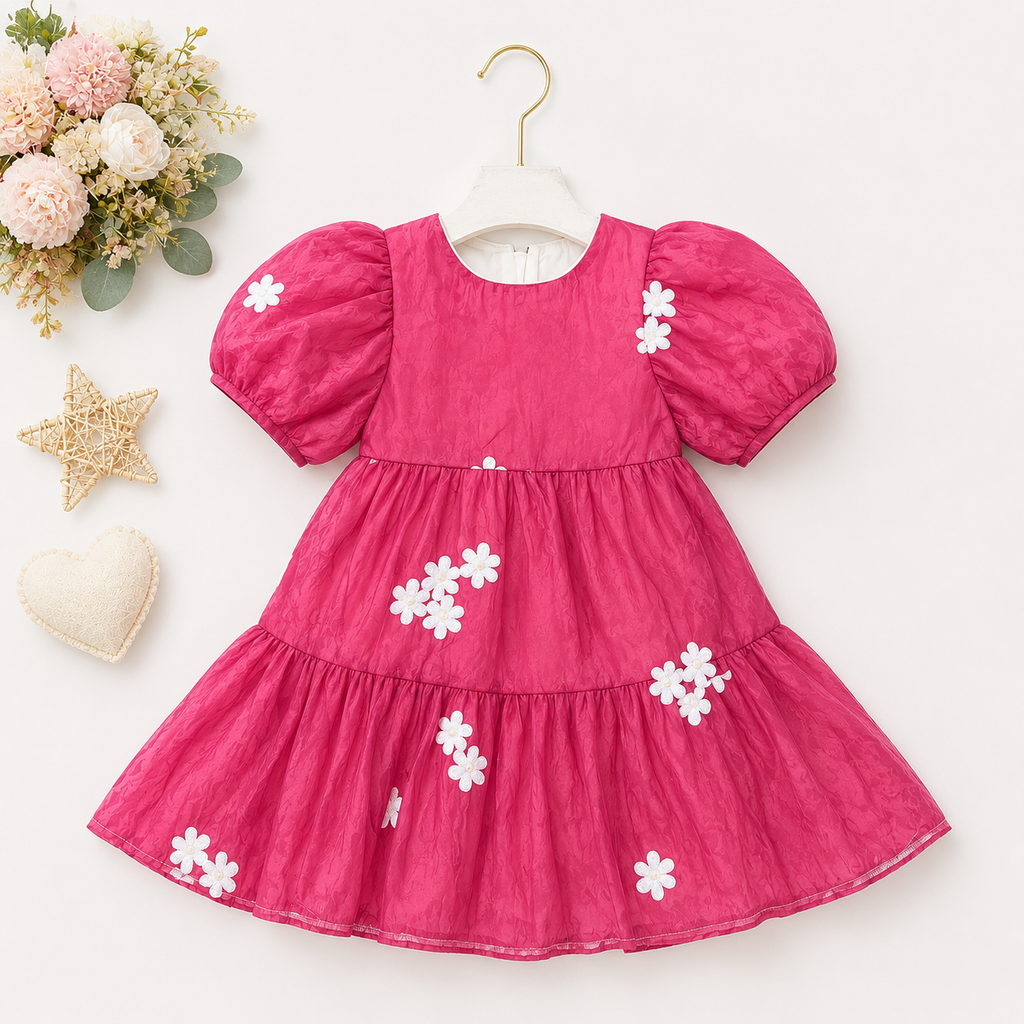 Romantic Mauve-Pink Puff-Sleeve Tiered Dress with White Daisy Appliqués