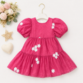 Romantic Mauve-Pink Puff-Sleeve Tiered Dress with White Daisy Appliqués
