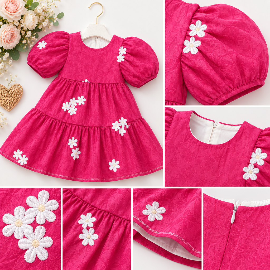 Romantic Mauve-Pink Puff-Sleeve Tiered Dress with White Daisy Appliqués
