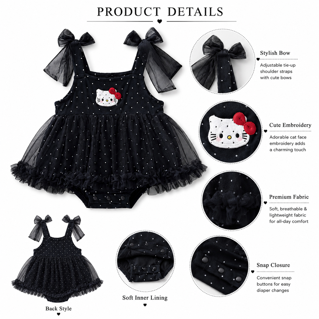 Black Polka Dot Tulle Romper with Cat Applique