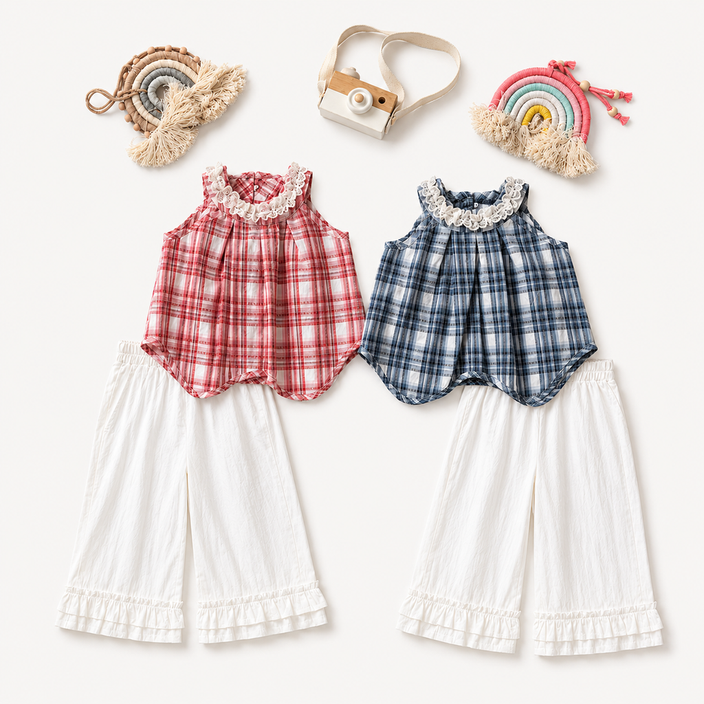 Plaid Ruffle Collar Top Set, Pink & Blue