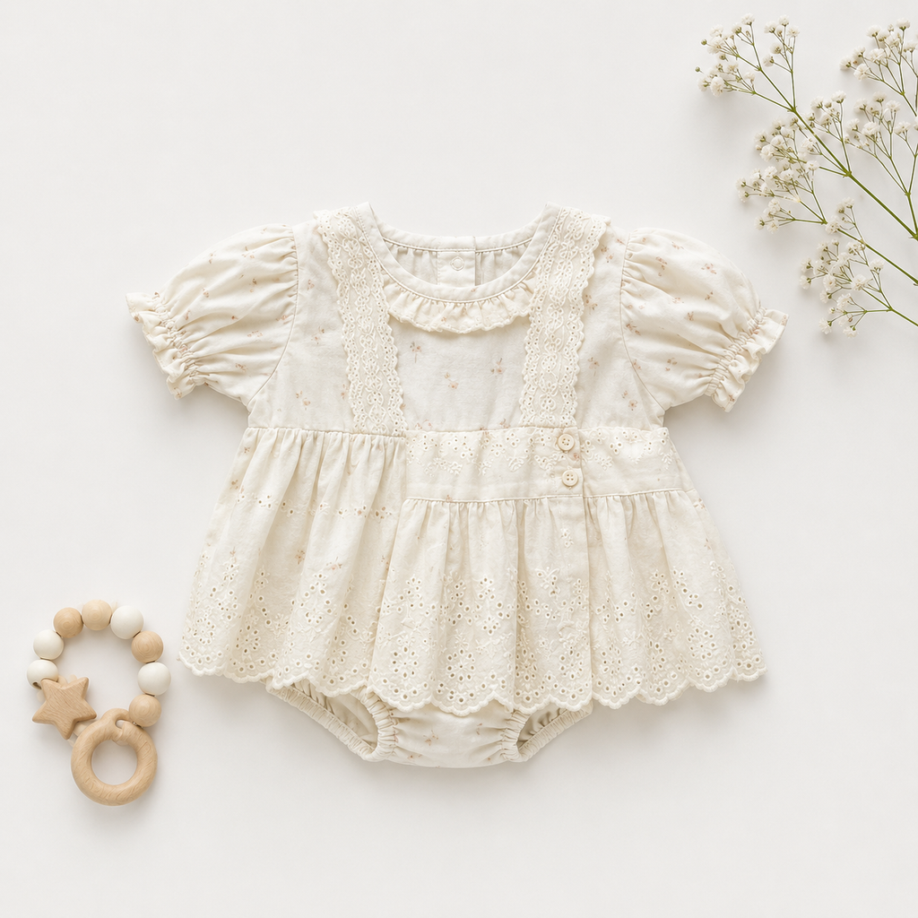 Ivory Textured Ruffle-Hem Romper for Baby Girls