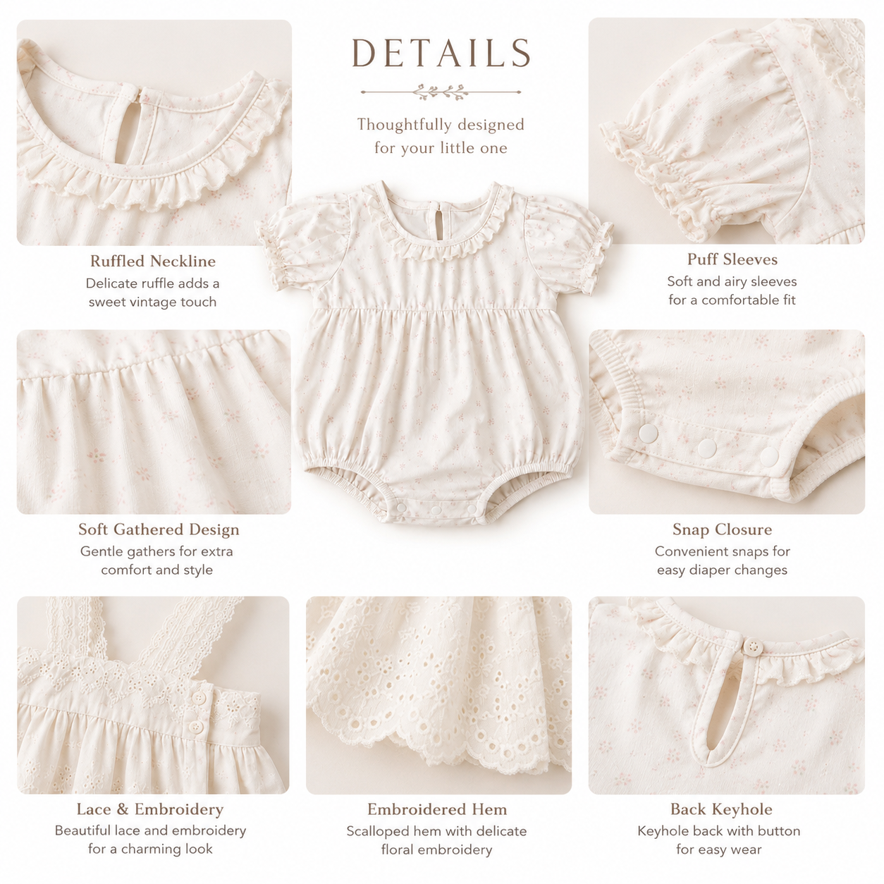 Ivory Textured Ruffle-Hem Romper for Baby Girls