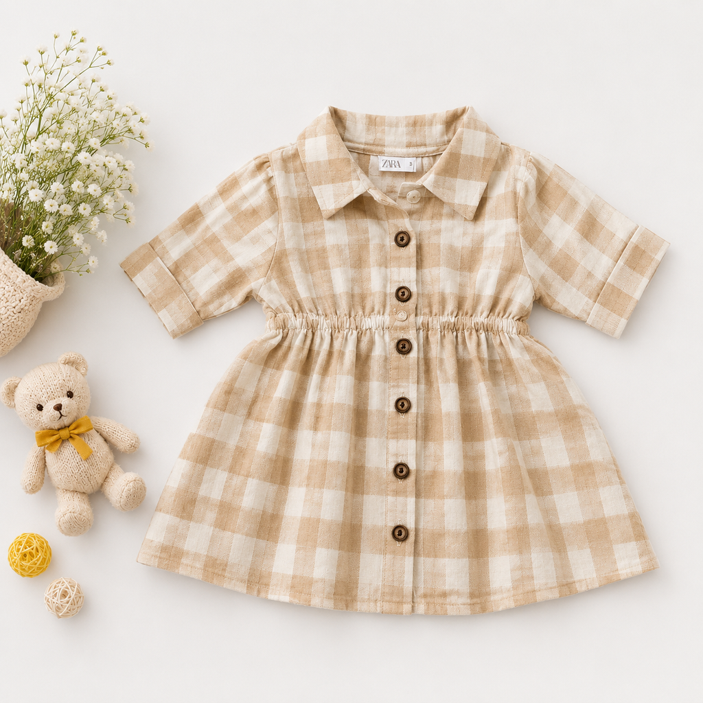Warm Oatmeal Gingham Ruched Dress