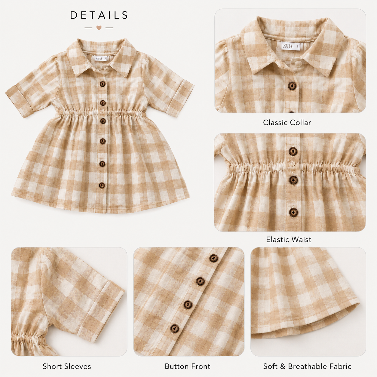 Warm Oatmeal Gingham Ruched Dress
