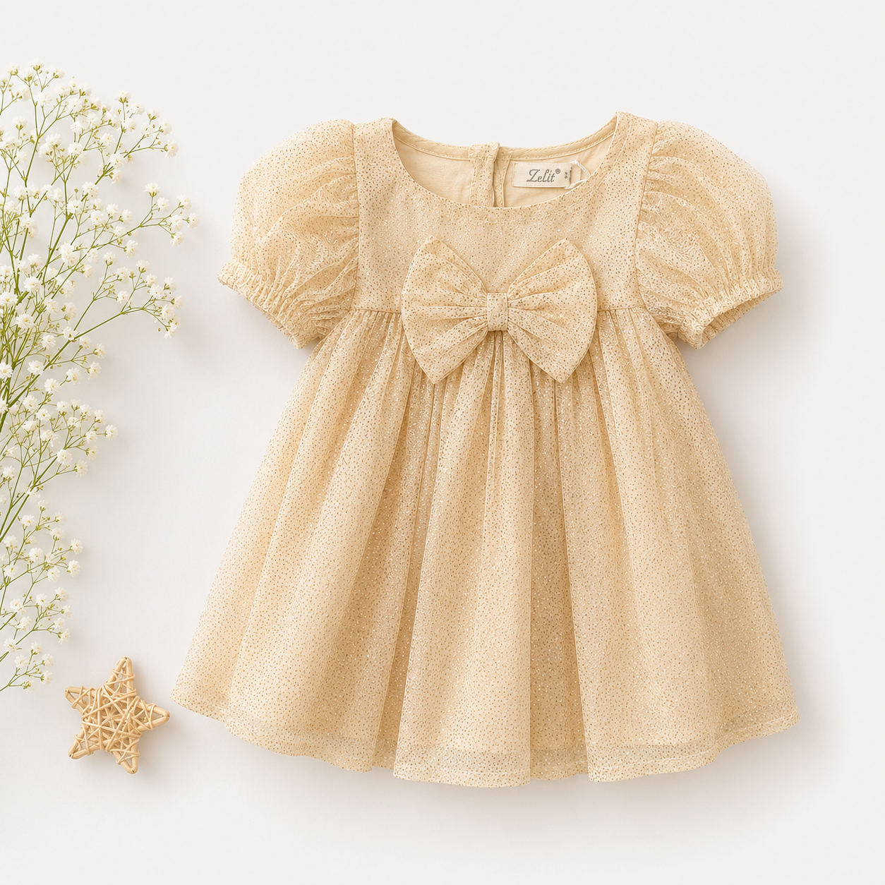 Cream Shimmer Tulle Bow Front Dress