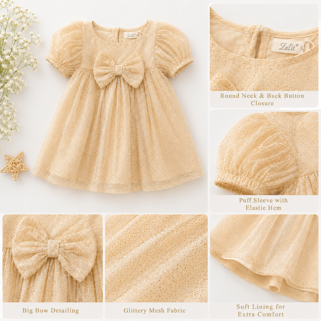 Cream Shimmer Tulle Bow Front Dress