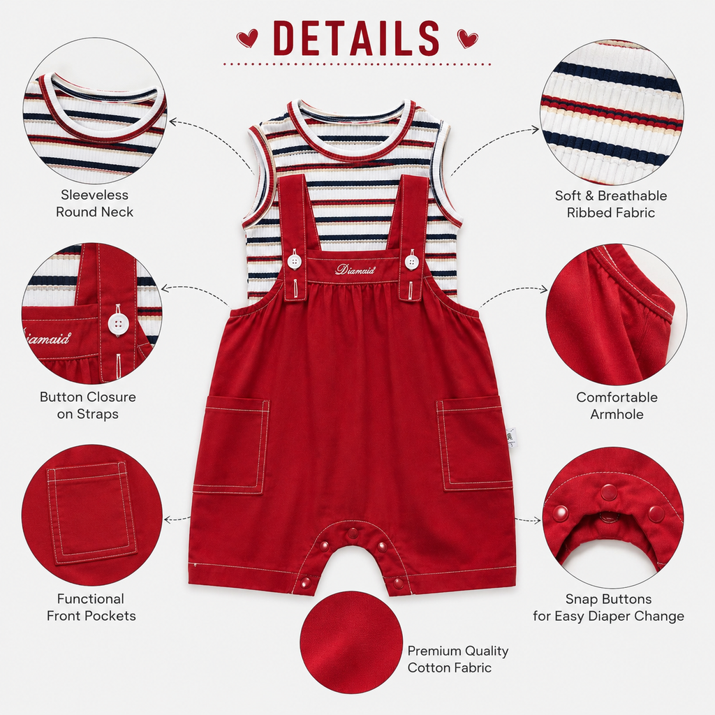 Red Corduroy Dungaree Romper with Striped Top