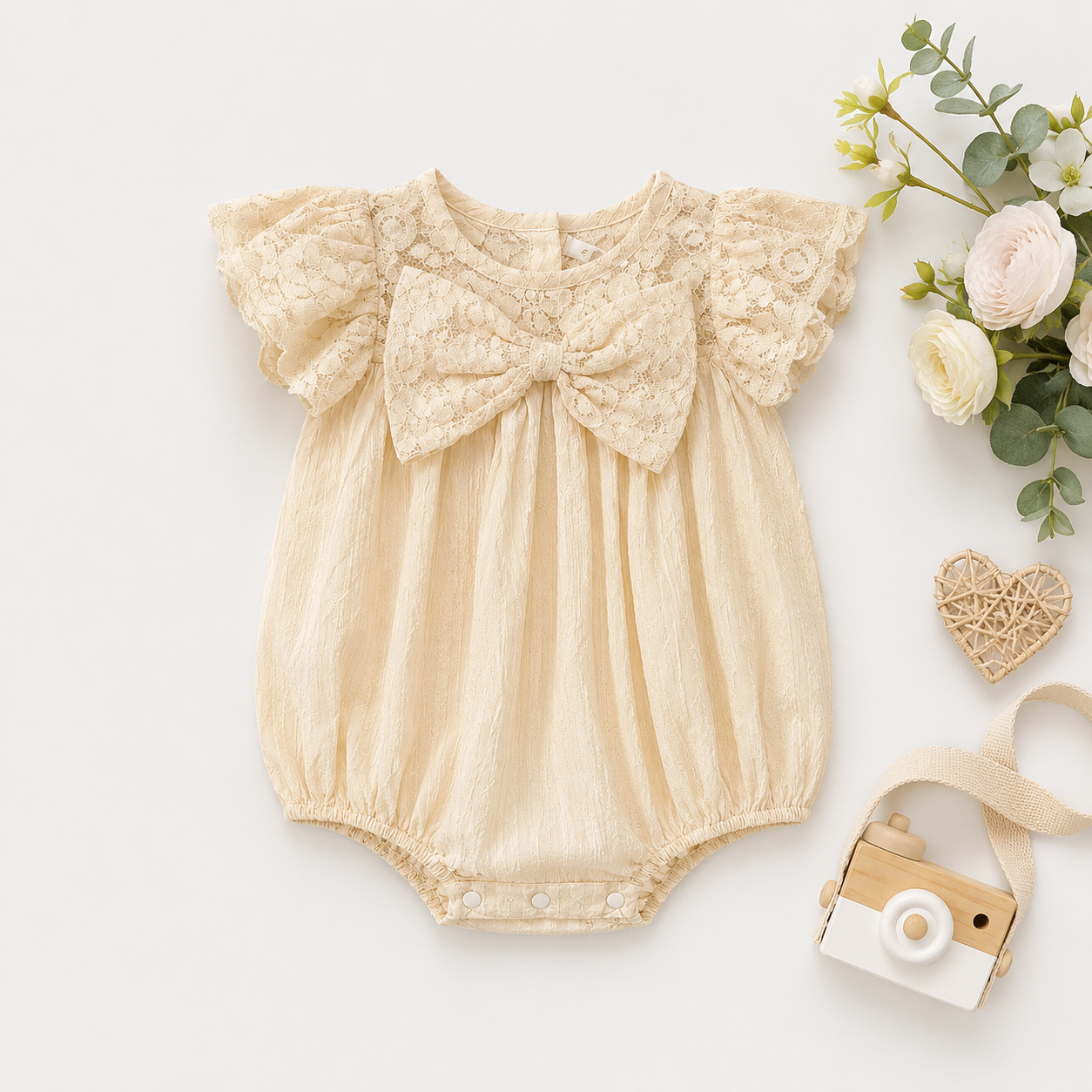 Cream Textured Lace Bow Romper
