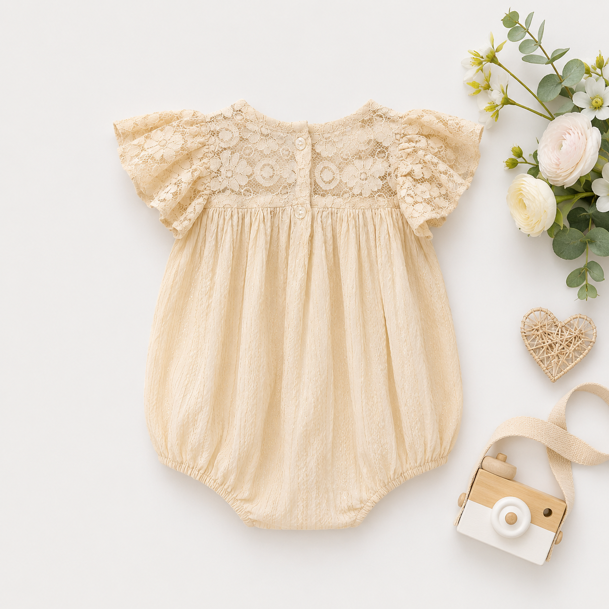 Cream Textured Lace Bow Romper