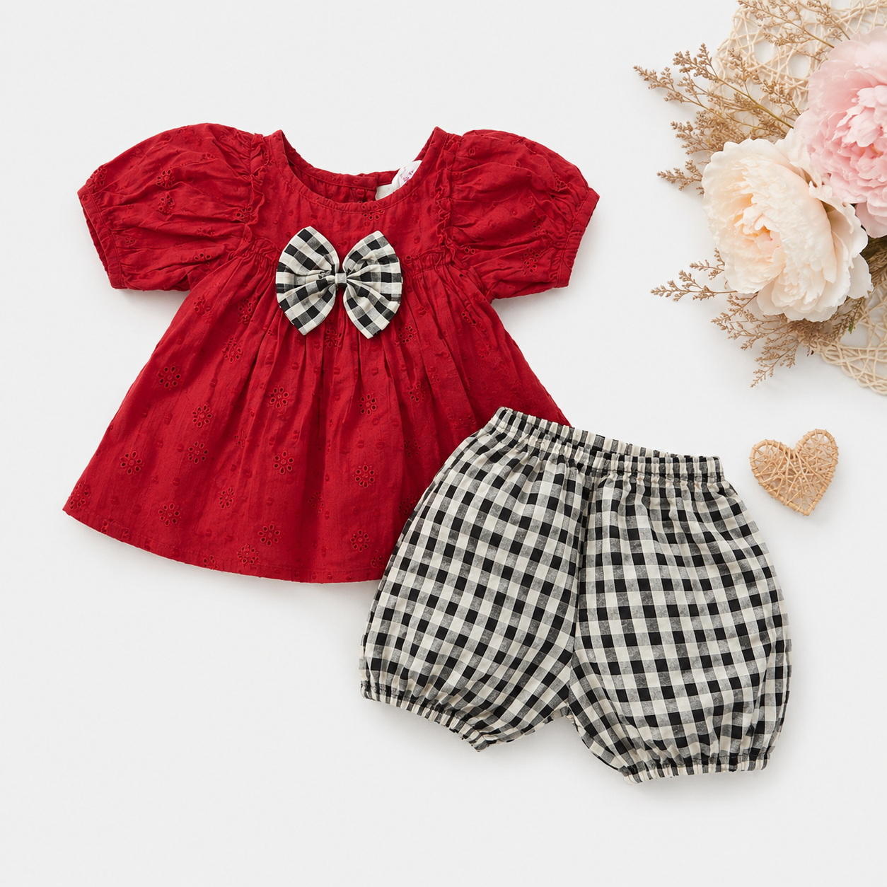 Crimson Eyelet Gingham Bow Bloomer Set